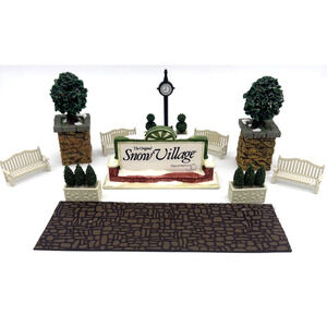 Dept 56 13-Piece Lot 4 Benches - 4 Planter Boxes -2 Holly Trees -Road -Sign ETC